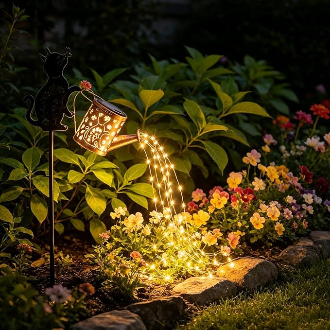 2 Pcs Solar Watering Can with Light, Outdoor Solar Cat Garden Decorative,Featuring Metal Cat Silhouette Stake, Gift for Women, Outdoor Waterproof,for Landscape,Lawn, Garden Path Decor