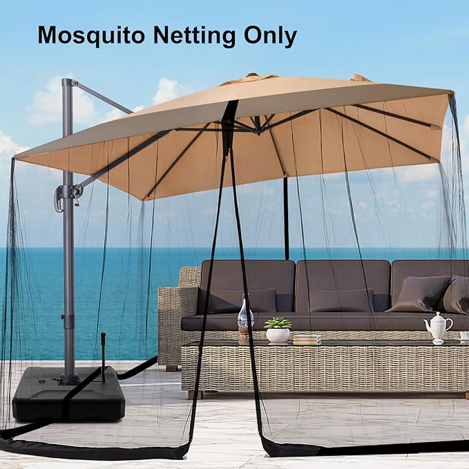 Umbrella Mosquito Netting, Square 10x10, for 10-13ft Patio Cantilever Umbrella, with Adjustable Rope and Double Zipper Door (Black)