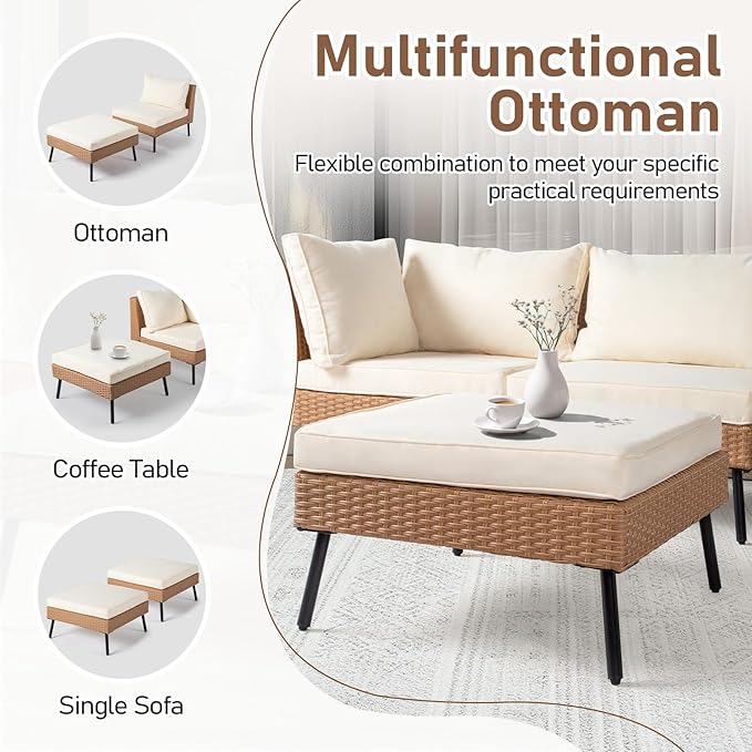 Outvita 6 Pieces Patio Furniture Set, All-Weather Outdoor Sectional Patio Sofa PE Rattan Manual Weaving Wicker Conversation Set with Ottoman & Adjustable Feet & Pillow & Seat Cushion, White & Yellow
