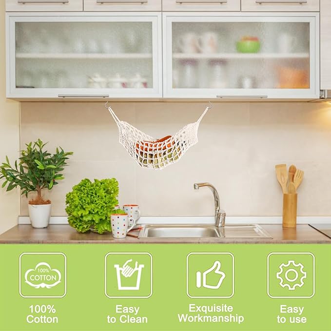 Fruit Vegetable Hammock, 1 Set Beige Handmade Macrame Fruit Hammock with Hooks Cotton Fruit Holder Net Under Cabinet Hanging Fruit & Veggie Basket for Saving Kitchen Space