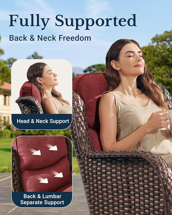 HILLGA Luxury 5PCS Outdoor Swivel Rocker Patio Chairs of 2 with 6 Inch Thick Cushions and Side Table, All Weather Outdoor Chairs High Back Wicker Patio Furniture Set for Porch and Deck, Burgundy