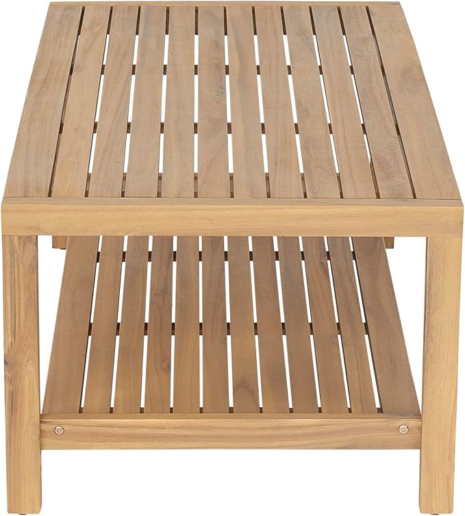 Christopher Knight Home Kayim Patio Loveseat Coffee Table Set with Woven Rope Backrest, Acacia Wood Outdoor Furniture Set, Outdoor Conversation Sofa Chat Set for Backyard Deck, Light Teak+Beige