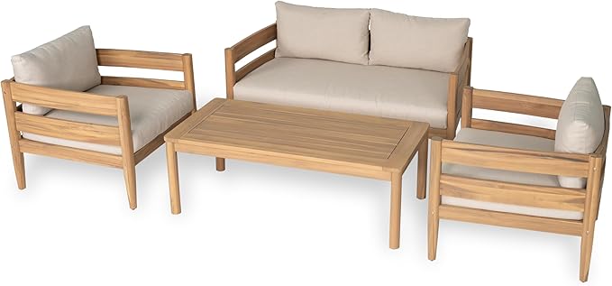 Christopher Knight Home Kory 4-Piece Acacia Wood Patio Furniture Set, Outdoor Conversation Sofa Chat Set with Club Chair and Coffee Table, Patio 4-Seater Seating Group for Backyard Balcony, Teak+Beige