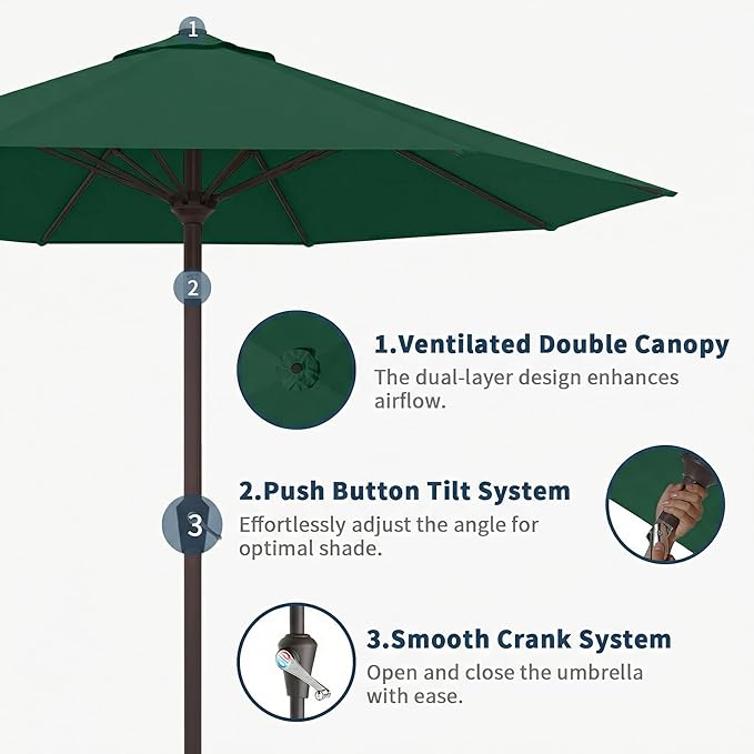 9FT Patio Umbrella Outdoor Table Umbrella w/Push Button Tilt and Crank, 8 Sturdy Ribs, UV Resistant Waterproof Market Umbrella for Pool, Deck, Backyard, Garden, Forest Green