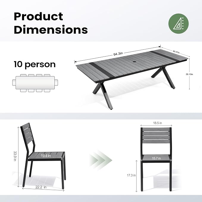 Pellebant 11 Piece Patio Table and Chairs Set for 10, Aluminum Outdoor Dining Set with Umbrella Hole, Stackable Dining Chairs & 94" Dining Table, Grey