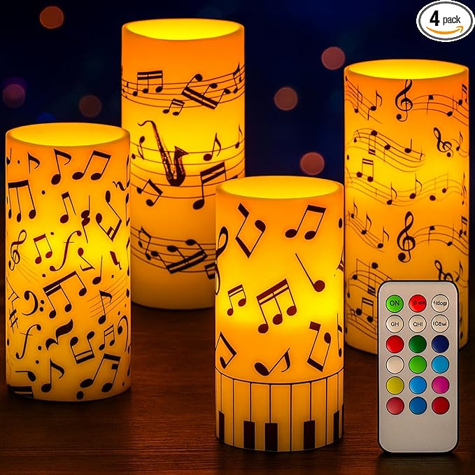 Tiamon 4 Pcs Music Notes and Clef Candles LED Musical Themed Flameless Candles Set Battery Operated with Remote Control LED Pillar Decorations for Party Wedding Birthday Decor