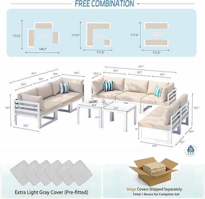NICESOUL 8 Seat Oversized Modern Aluminum Patio Furniture Set, Weather Resistant Modular Sectional Sofa with Coffee Table, 500 lbs Heavy Duty Comfortable Outdoor Couch for Exterior Backyard, Beige