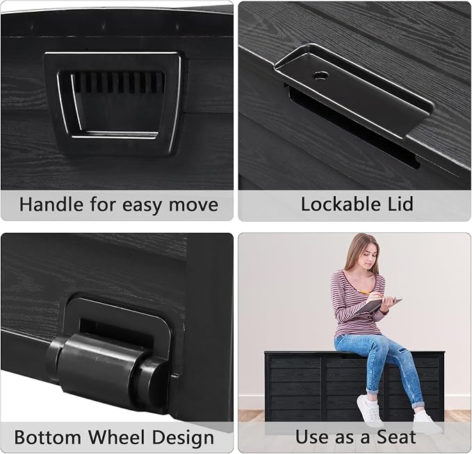 75 Gallon Outdoor Storage Box,Waterproof Deck Box with Lockable Lid&Wheels,Easy-open Outdoor Storage Bench with Handles for Garden,Pool,Balcony (Black)