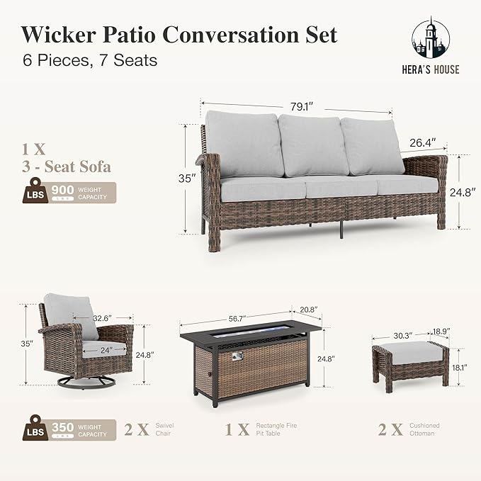 HERA'S HOUSE Grey Patio Furniture Set, High Back Wicker Sofa, Swivel Chairs with 5.5" Thick Cushions, 6-Piece Outdoor Seating Conversation Sets with Fire Pit Table & Ottomans for Deck Yard Garden