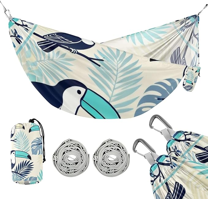 Toucan and Tropical Leaves Outdoor Hammock with Tree Straps for Outside Patio Garden