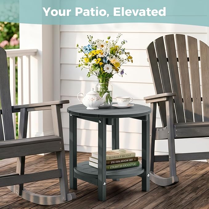 Outdoor Side Table, Adirondack Round 2-Tier Patio Table, Easy Maintenance & Weather Resistant, HDPE End Table for Backyard, Pool, Patio, Porch, Gray