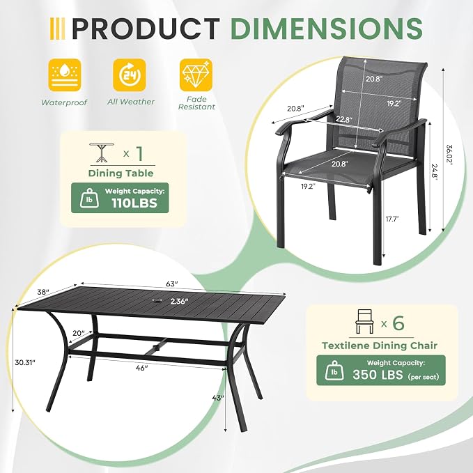 LVUYOYO 7-Piece Outdoor Patio Dining Set, Textilene Dining Chairs & Rectangular Table Set, All-Weather Table and Chairs Set with Umbrella Hole for Backyard, Garden,Balcony,Porch (Gray)