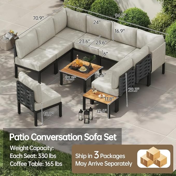 PIZZELLO 12 Pieces Outdoor Patio Furniture w/ 6" Thick Cushion, U-Shaped Sofa Set, All Weather Sectional Conversation Modular Couch for Garden, Deck, Lawn