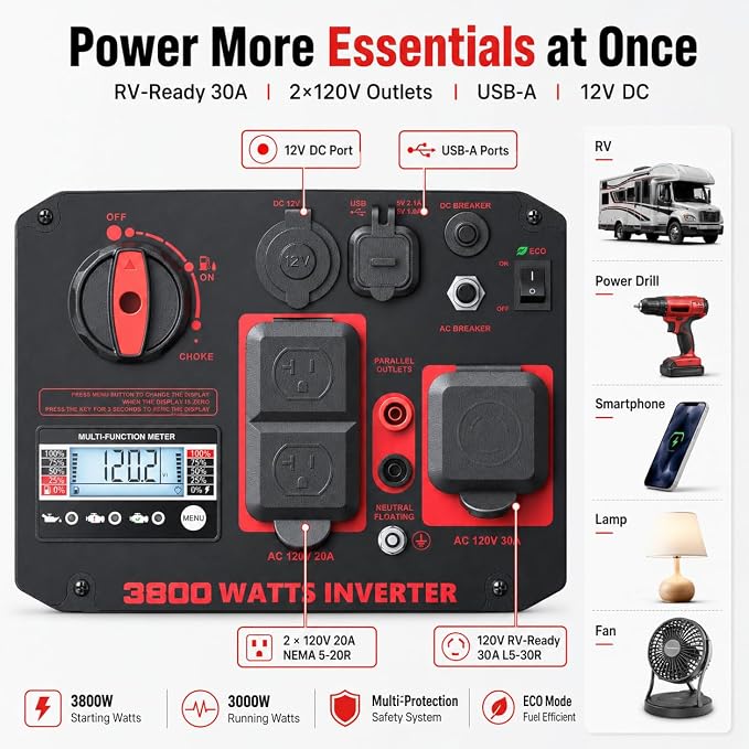 AMERISUN Portable Inverter Generator, 3800W Gas Powered Generator, Super Quiet for Home Use, ECO Mode, CO Sensor, Parallel Capable Long Run Time for Camping Tailgating, EPA Compliant