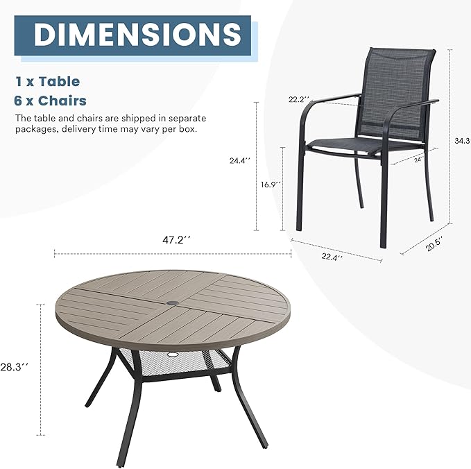 DIFY Patio Dining Set for 6, 7 Piece Outdoor Table and Chairs Set, 47.2" Grey Wood-Like Round Metal Patio Dining Table and 6 Grey Textilene Stackable Patio Chairs, for Backyard Garden Poolside