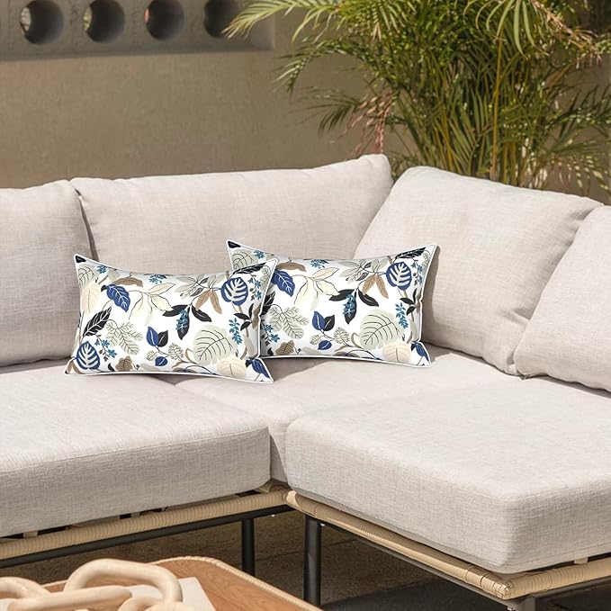 LVTXIII 2 Pack Outdoor Lumbar Pillows 12x20 Inch with White Piping, Fade Resistant Support Throw Pillows with Inserts for Patio Furniture, Sofa, Chair, Breeze Leaves Beige