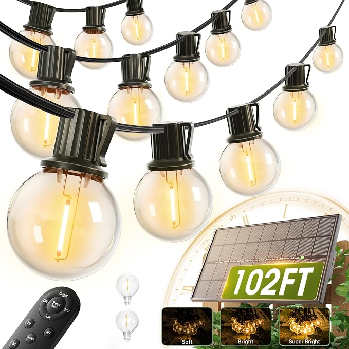 addlon 102FT Solar String Lights Outdoor, Waterproof, USB Charging | Dimmable, 3 Light Modes, Remote, 30+2 LED Bulbs, Easy Install, Ideal for Large Backyard, Garden, Wedding, Party, Camping