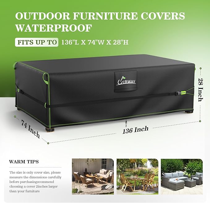 UIRWAY 600D Outdoor Furniture Covers-Upgraded 5 Layers Tough Oxford Fabric Waterproof Patio Table Cover for Outside Table and Chairs with Triple-Layer Windproof Design Fits 136" L x 74" W x 28" H