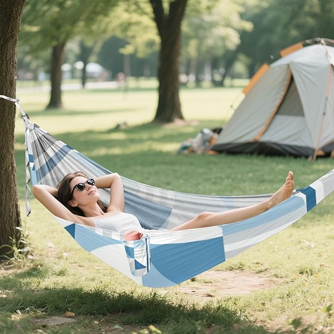 Geometric Blue Pattern Hammocks with Hanging Rope Tree Hammock for Outside Patio Backyard Poolside