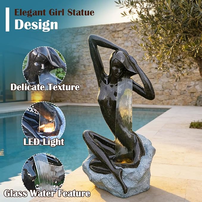 40" H Modern Goddess of Fortune Seated Water Fountain with Glass and Led Light, Waterfall Outdoor/Indoor Zen Water Features Decor for Garden Patio Backyard Lawn Home