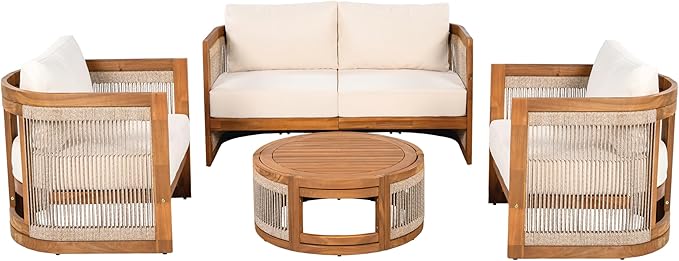 Acacia Wood Outdoor Furniture Set, 4-Piece Patio Seating Group with 2 Chairs, Loveseat & Coffee Table, Curved Tub Design with Woven Rope Accents, Water-Resistant Cushions (Beige,Teak//51)