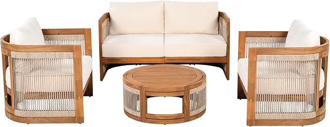 KLMM 4-Piece Patio Seating Group with 2 Chairs, Loveseat & Table,Acacia Wood Outdoor Furniture Set, Curved Tub Design with Woven Rope Accents,for Patio Balcony Garden (Teak+Beige-PP)