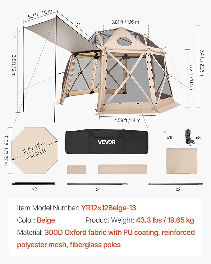 VEVOR Pop Up Gazebo Screen Tent, 12 x 12 ft Large High 13-Sided Camping Canopy Tent with Removable Top & Carry Bag, Quick Set & Bite-Proof Mesh Screen Sun Shelter for 8-10 Persons Backyard Patio