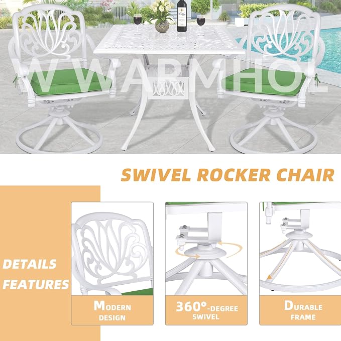 5 Piece Patio Dining Set, Outdoor Table and Chairs Set for 4 Cushioned Swivel Rocking Chairs and 35.4'' Square Table, All-Weather Cast Aluminum Patio Funiture Set, 2.2'' Umbrella Hole, White