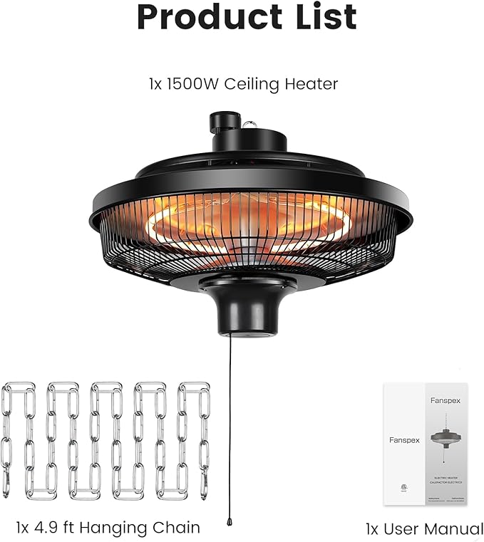 Fanspex Hanging Patio Heater, 1500W Electric Infrared Heaters for Home, Gazebo, Garage, Greenhouse, Ceiling Mount with Overheat Protection, IPX4 Water Resistance, Adjustable Height (Black)