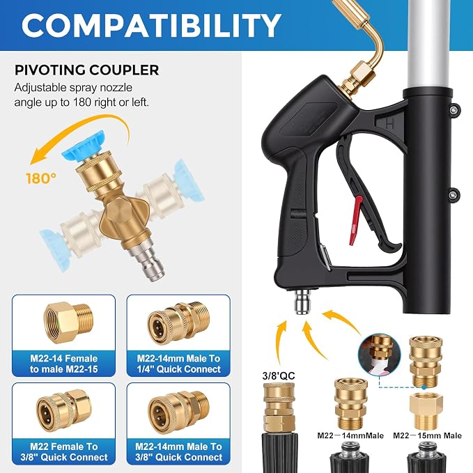 24 FT Telescoping Pressure Washer Wand, Gutter Cleaning Tool with Power Washer Extension Wand, Pivoting Coupling, 7 Nozzle Tips, 4 Adapters, Upgraded Support Belt for Gutter Window (Silver-Brush)