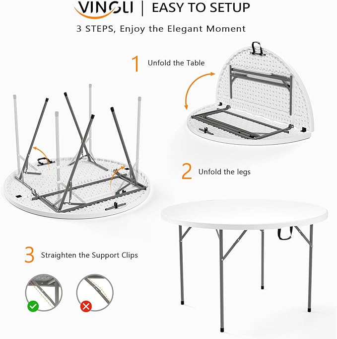 VINGLI White 48" Round Bi-Folding Commercial Table, 4 Feet Portable Plastic Dining Card Table for Kitchen or Outdoor Party Wedding Event, 2-Pack
