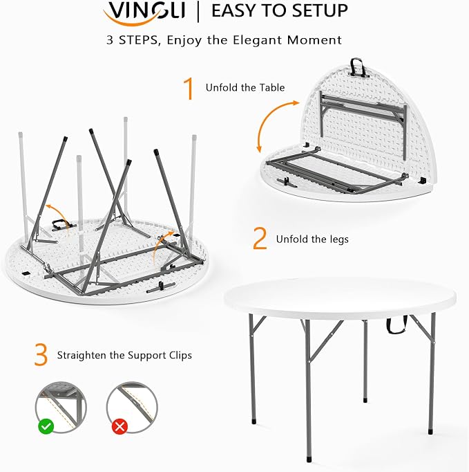 VINGLI White 48" Round Bi-Folding Commercial Table, 4 Feet Portable Plastic Dining Card Table for Kitchen or Outdoor Party Wedding Event, 1-Pack