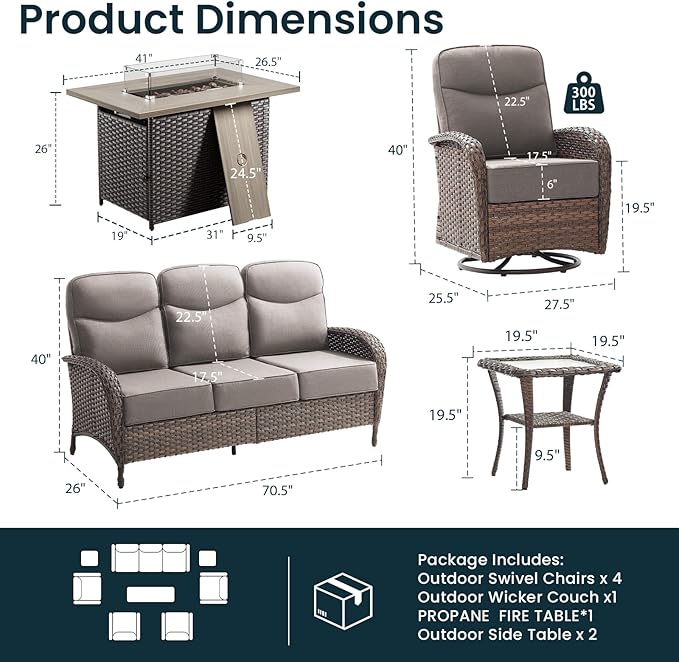 High Back Luxury Patio Furniture Set with 41"Fire Pit Table, 6-Inch Cushion Swivel Rocker Patio Chairs Set of 4 with Outdoor Couch, 8 Piece Wicker Conversation Set for Deck Yard Garden Balcony