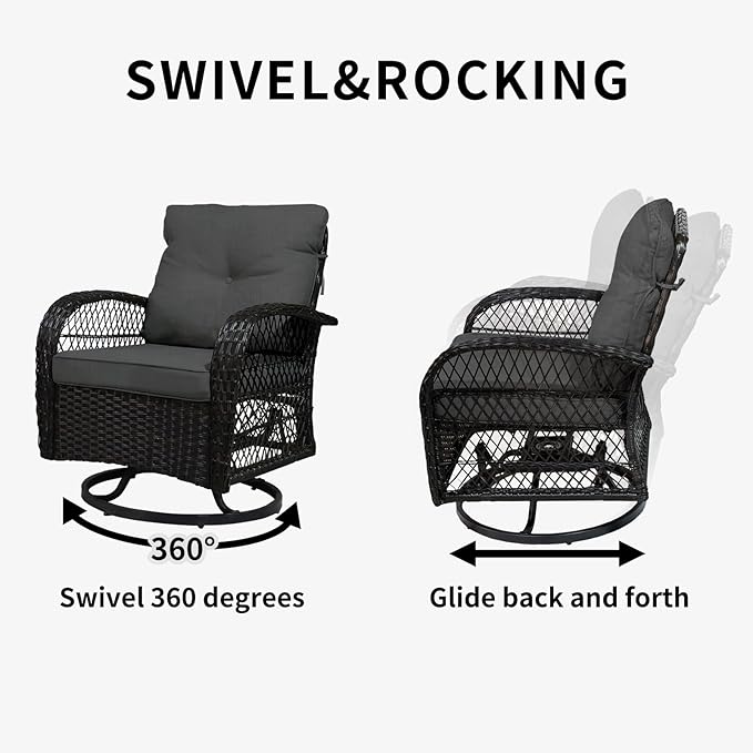 SHGJ&SOFT 3 Piece Patio Furniture Set, 2 Outdoor Swivel Rocking Chairs with Side Table, Wicker Glider Chairs, All-Weather Rattan Bistro Set for Porch, Deck, Pool (Grey, Brown Open-Weave Rattan)