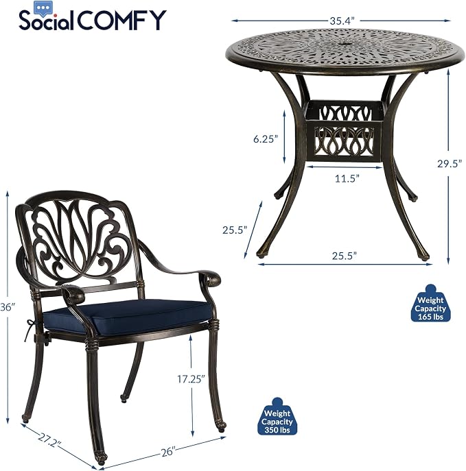 5-Piece Outdoor Patio Dining Set, All-Weather Cast Aluminum Patio Table Set, Include 4 Cushioned Chairs and a 35.4 inch Round Table w/Umbrella Hole for Balcony Garden Backyard, Navy Blue