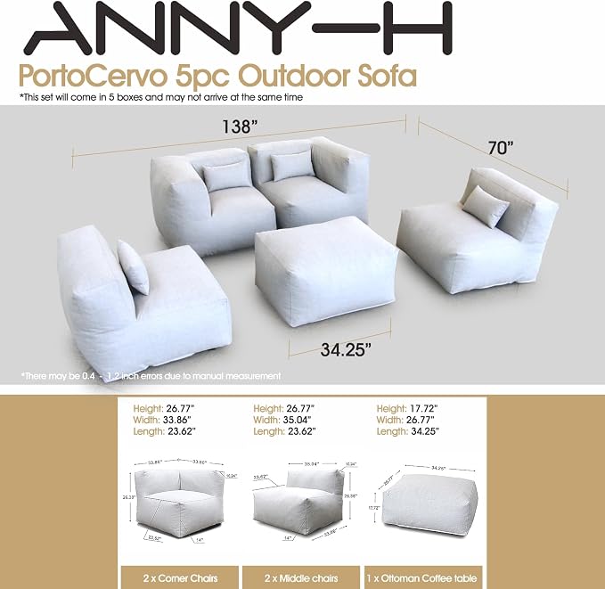 ANNYH Modern Calaluna 5Pc Patio Garden Furniture Sectional Conversation Set Combines 2Middle 2Corner 1Ottoman/CoffeeTable -Exp Foam Filling Chairs - UNIQUE Modular Contemporary Sofa (Cloud Gray)