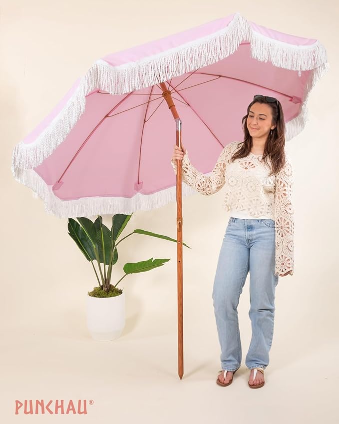 6 Ft Fringe Patio Umbrella - Outdoor Umbrella for Patio, Pool, Table, Garden, Deck, Beach, and Outdoors - Fashionable Boho Vintage Tassels & Wood Print - Push Button Tilt Pole