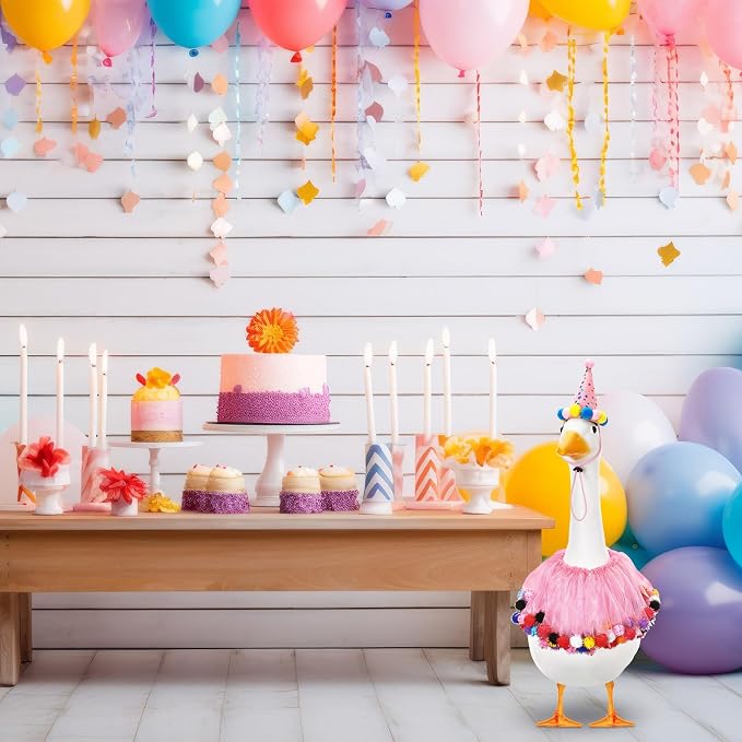 Birthday Porch Goose Outfit Lawn Clothes Hat and Tutu Collar Plastic Outfits for 23" 17" Cement Goose Outdoor Garden Lawn Art Decor(Pink,Plush Ball)