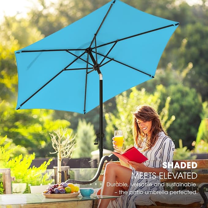 wikiwiki 7.5FT Patio Umbrella with Base, Outdoor Umbrellas with Base Included, 6 Sturdy Ribs, Waterproof Fade Resistant POLYESTER DTY Canopy for Deck, Lawn, Garden, Backyard & Pool, Sky Blue