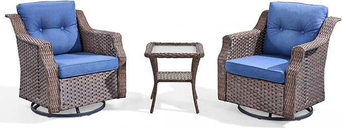 Outdoor Swivel Rocking Chair 3-Piece Set,All-Weather Wicker Rocking Chair Combination PE Rattan with Elegant Side Table Ideal for Courtyards, Balconies, Patios, and Porches Brown/Blue