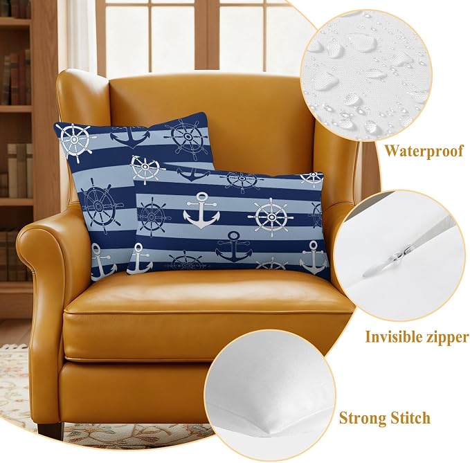 Nautical Ship Anchors Waterproof Outdoor Pillow Covers Set of 2 Home Decor, Navy Blue Horizontal Stripes Pillowcase Patio Pillow Covers for Couch Bench Patio Furniture Garden 18x18in