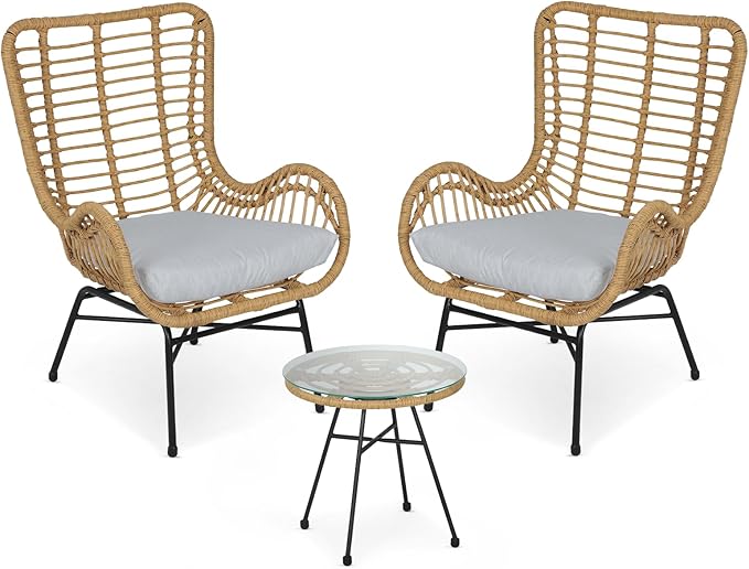 Athena Collection Patio Bistro Sets, 3 Piece All Weather Furniture Set Outdoor Conversation Set Glass Table and Rattan Chairs Set with Soft Cushions for Garden, Poolside, Backyard, Gray