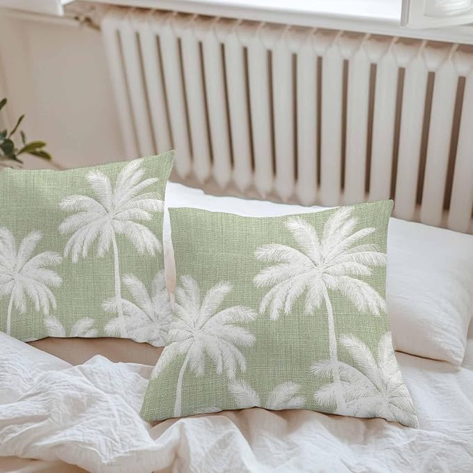 Outdoor Pillow Covers 20x20 Inch Set of 2, Sage Green Palm Trees Waterproof Throw Pillow Covers, Farmhouse Tropical Summer Beach Decorative Cushion Pillowcases for Couch, Sofa, Bed, Garden, Patio