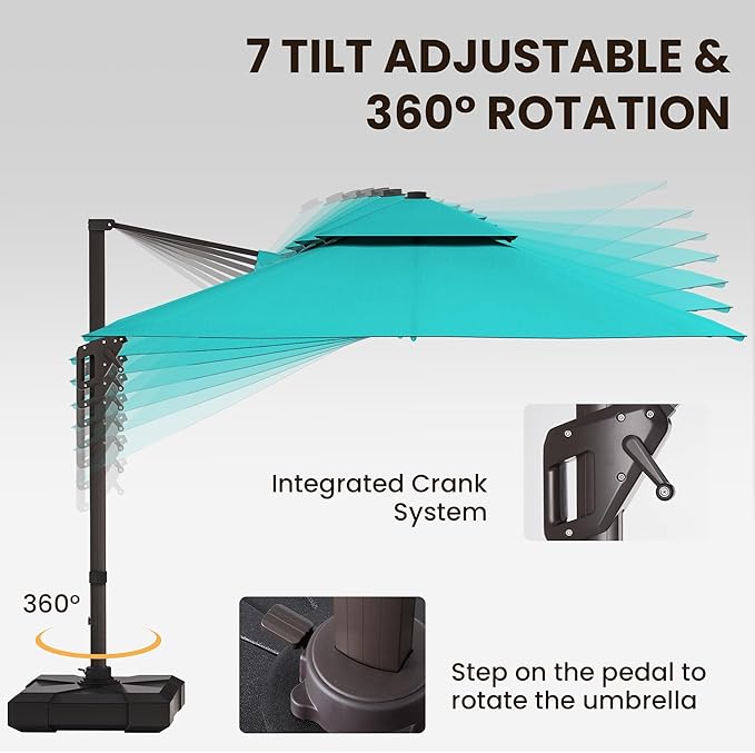 9 X 12 FT Cantilever Patio Umbrella with Led Lights and Base Included Outdoor Heavy Duty Double Top Rectangle Offset Umbrellas with 360-degree Rotation for Pool Deck Backyard, Turquoise