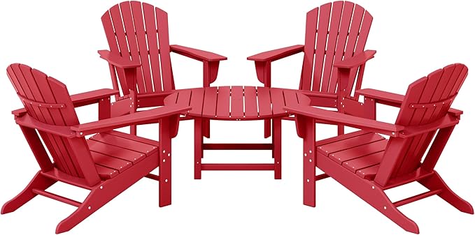 Costaelm Patio Conversation Set, Outdoor Chairs Set of 5 Balcony Firepit Furniture Outdoor Adirondack Round Table and Chair Backyard Furniture Set for Lawn Porch Pool Garden, Red