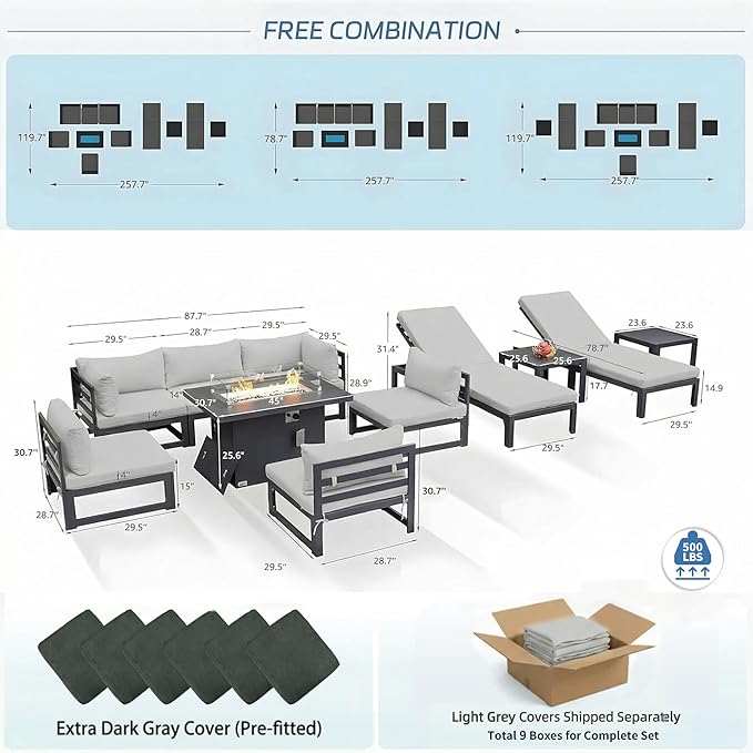 NICESOUL 8 People Large Modern Aluminum Outdoor Sofa with Chaise & Firepit Table, 29" Deep Wide Seat, 500 lbs Durable Sectional Set for Heavy People, Anti-Rust Patio Furniture Set for Deck, Light Grey