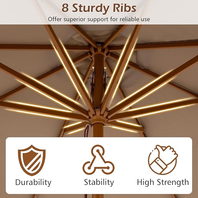 Tangkula 9 FT Patio Umbrella, Outdoor Table Market Umbrella with 8 Wooden Ribs, 3 Adjustable Heights, Rope Pulley System for Garden, Vented Top for Pool Backyard Deck Garden