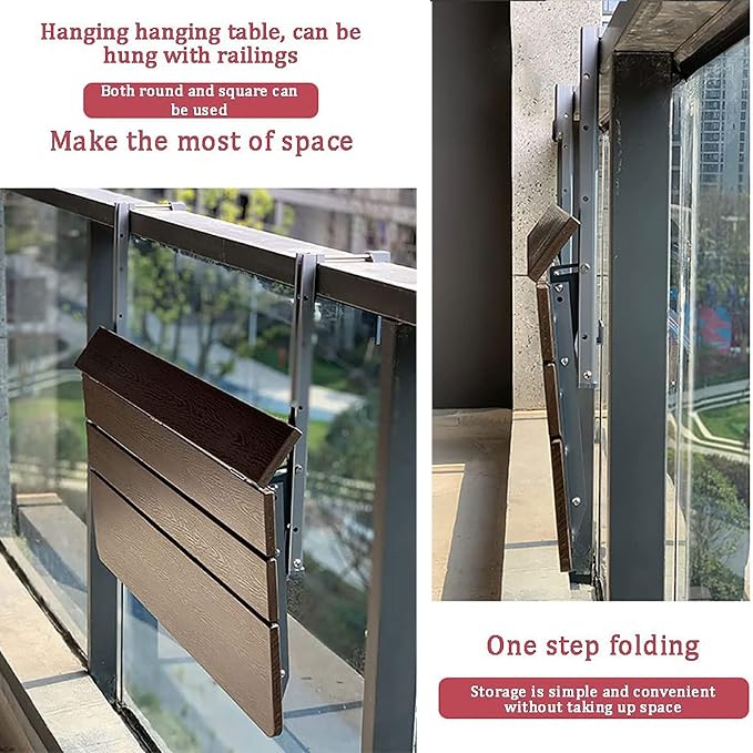 Balcony Bar Table for Railings,Outdoor Side Tables, Balcony Railing Hanging Table Folding Balcony Table Hanging Adjustable Deck Table for Patio, Garden,1.5cm Imitation Wooden
