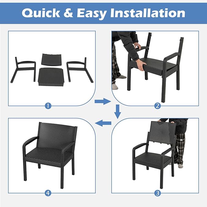 Tangkula 3 Piece Patio Furniture Set, Outdoor Wikcer Conversation Set with 2 Rattan Armchair & 25" Square Side Table, for Patio, Garden, Poolside, Bistro (Black)