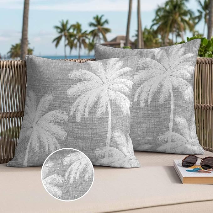 Outdoor Pillow Covers 18x18 Inch Set of 2, Grey Palm Trees Waterproof Throw Pillow Covers, Farmhouse Tropical Summer Beach Decorative Cushion Pillowcases for Couch, Sofa, Bed, Garden, Patio